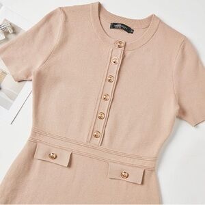 Merokeety Khaki: women’s knit body con sweater dress short sleeve gold buttons